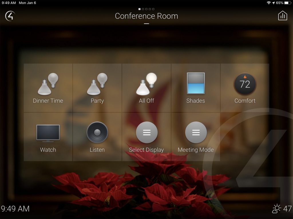 Control4 interface to control lights, audio and motorized shades on an iPad