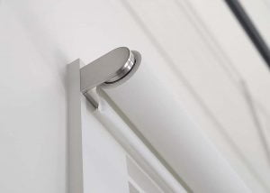 close up of Lutron Palladiom Motorized Shades with brushed aluminum trim and a white sheer shade