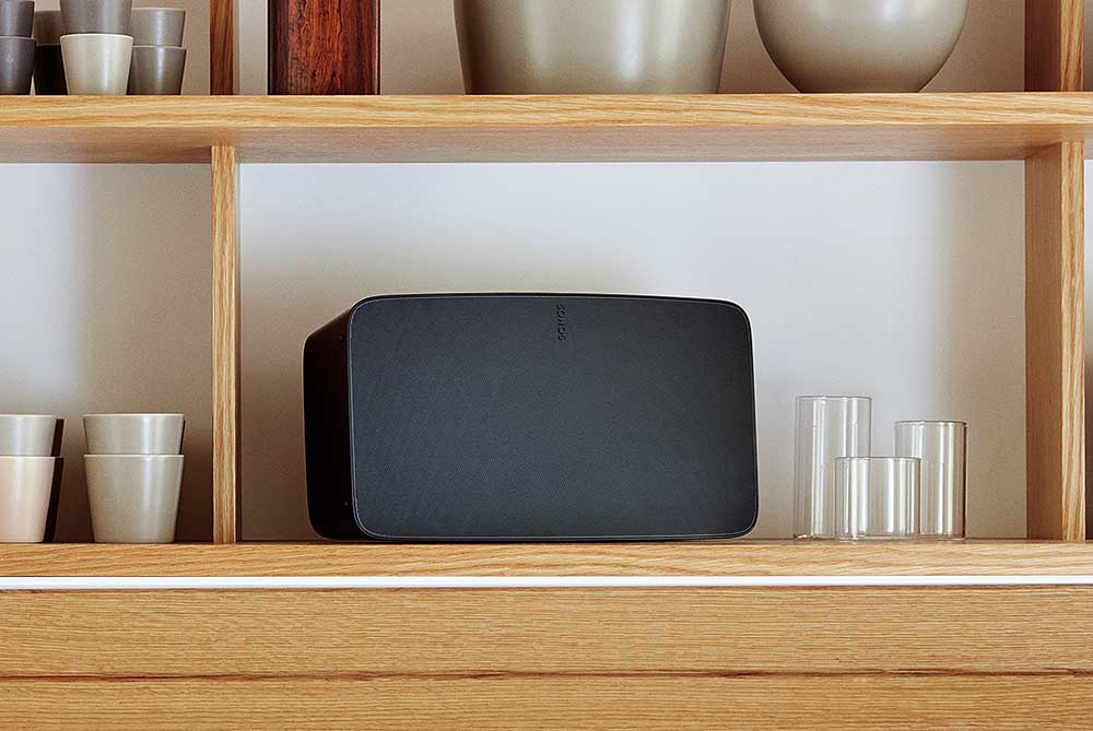 Black Sonos 5 on a shelf