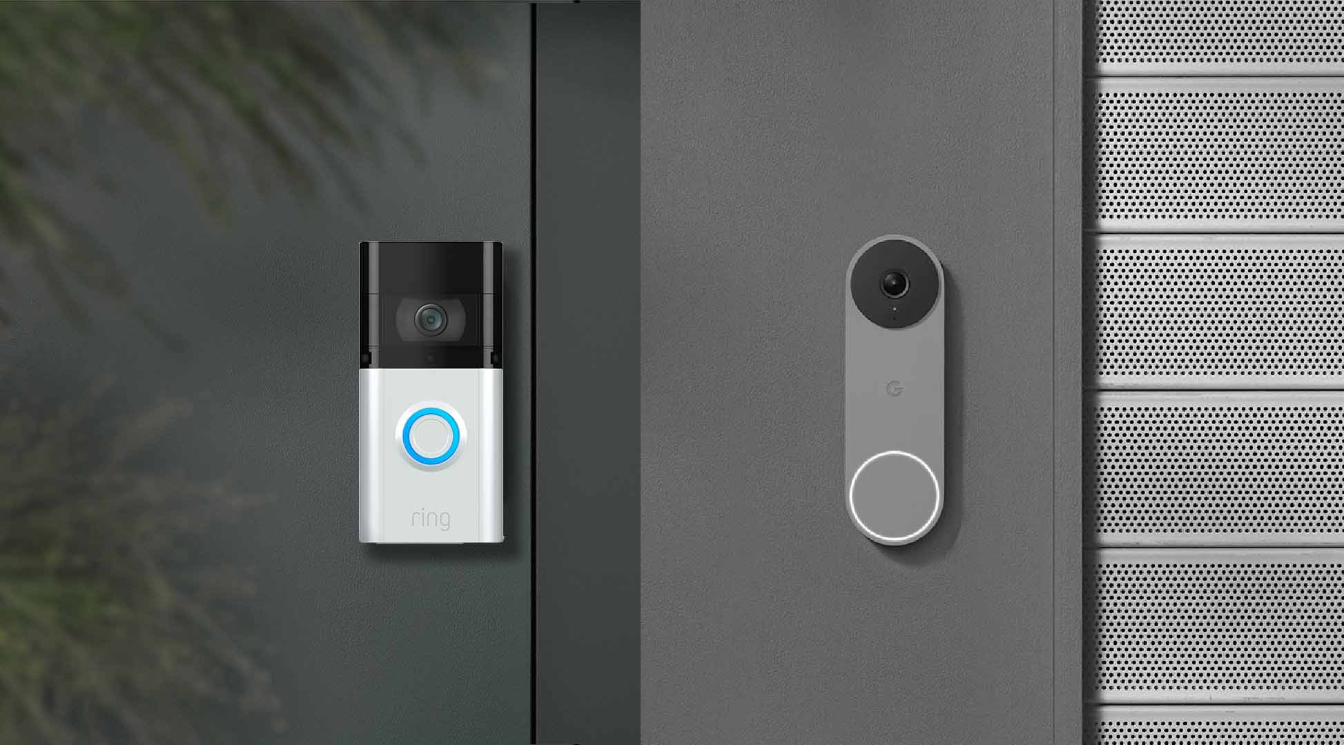Grey Google Nest and plastic Amazon Ring doorbells mounted on the wall
